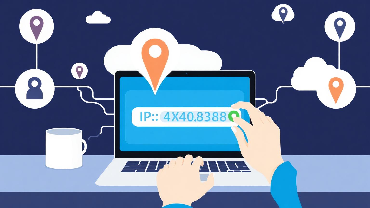 Person using laptop to check my IP address with location pins and network connections