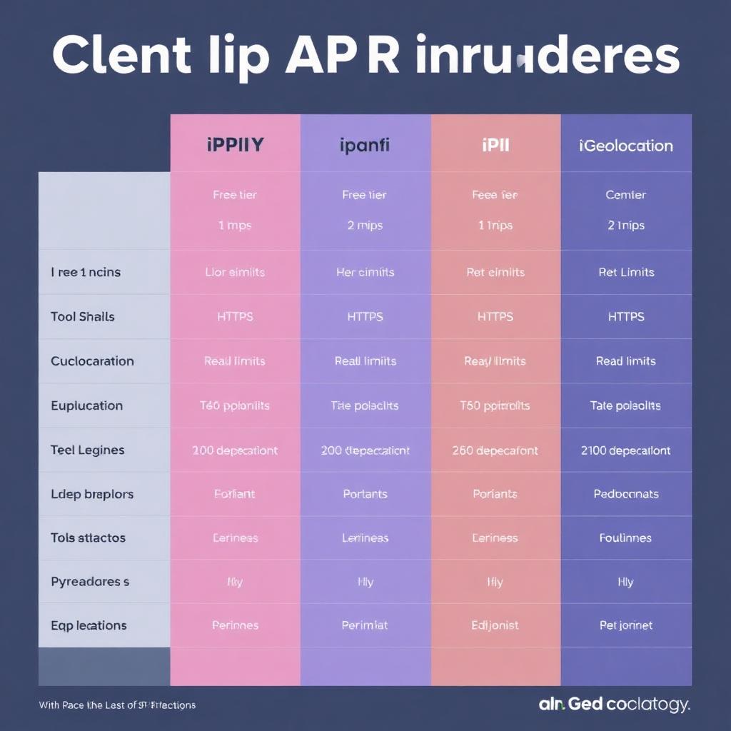Comparison table of client IP API providers ipify ipapi ipinfo and ipgeolocation