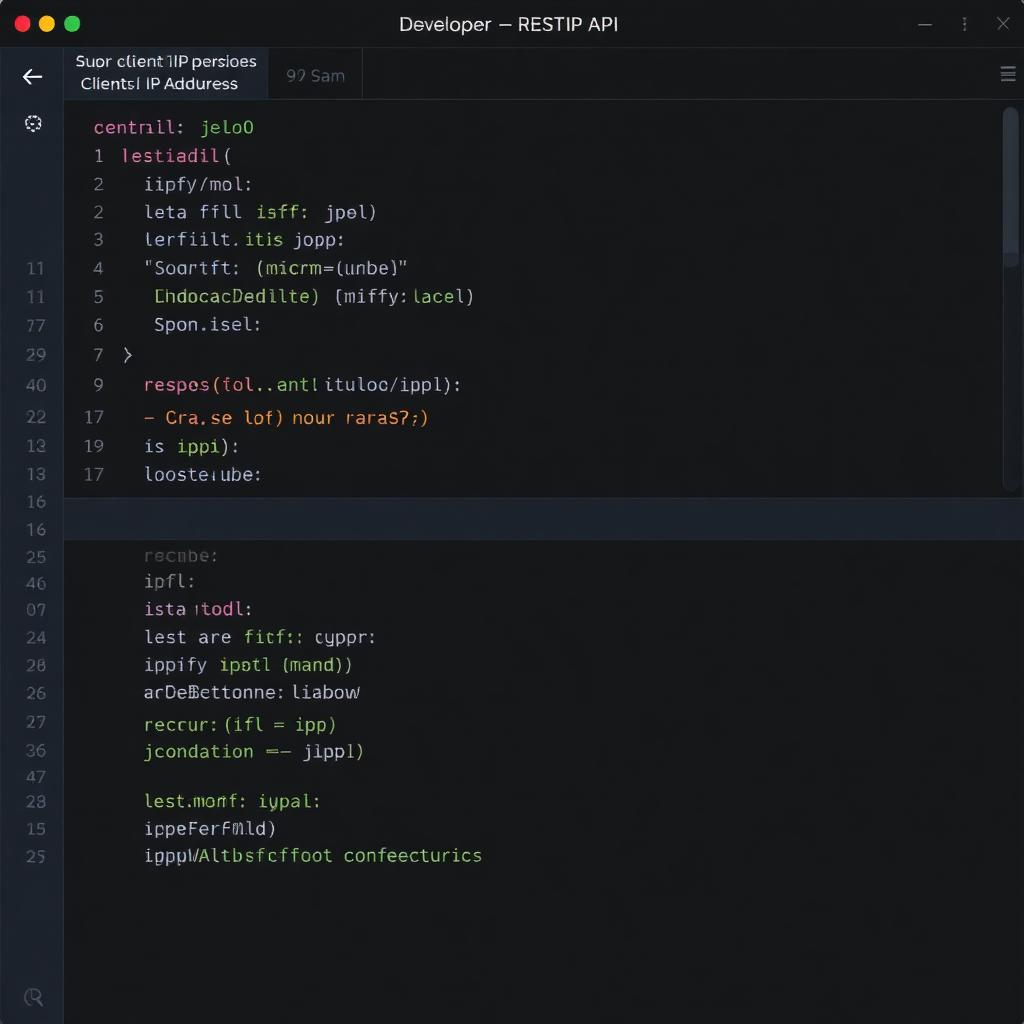 Developer screen showing client IP address API JSON response in code editor