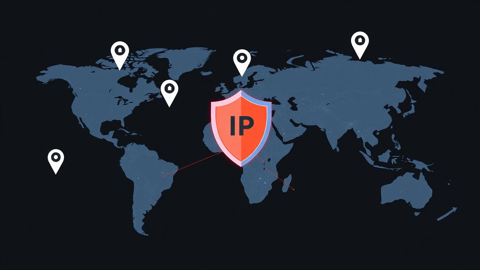 Global network map with IP geolocation pins and VPN privacy shield